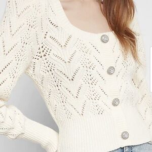 Express Cream Cardigan with rhinestone and pearl button detail